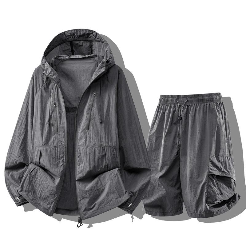Summer Men Women Sunscreen Twinset Clothing Quick Dry Hooded Top And Shorts Set Hooded Men Women Sun Protection Clothing Suit