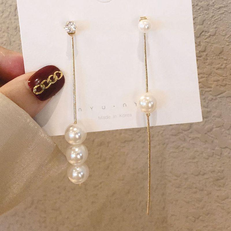 Fashion Bright Diamond Pearl Earrings Asymmetrical Long Earrings Show Face Thin Earline Women