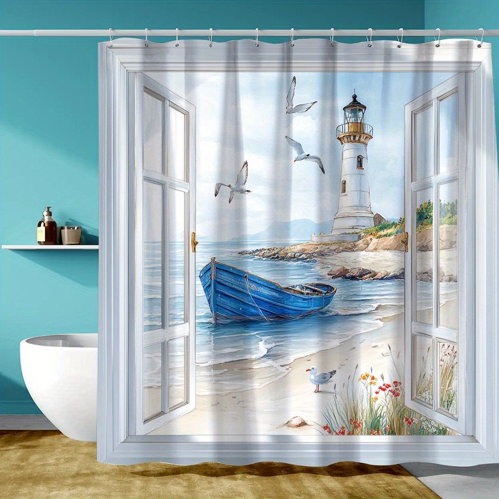 Open 1pcs Healing Bay Scenery Theme Digital Printed Shower Curtain, Suitable for All Seasons, Home Decor, Curtain Home Decor