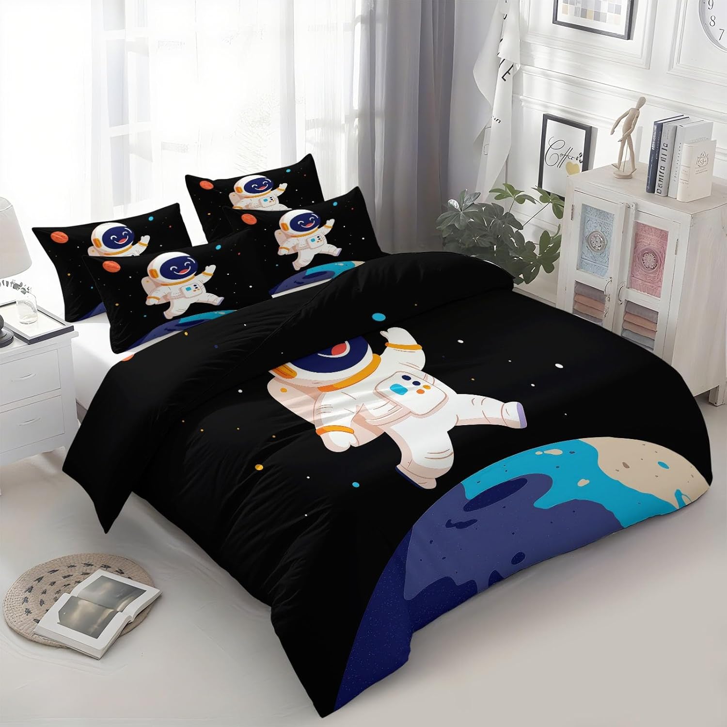 Universum Astronaut Print Ruimte Dekbedovertrek Set, Cartoon Omkeerbare Dekbed Quilt Hoes Donkerblauw, 2-delige Beddengoedset Met Rits 90x200cm 2pcs