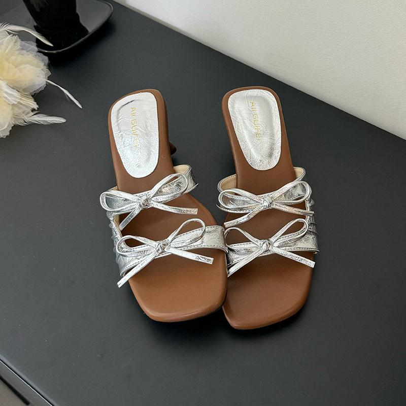Fashion Fashion Square Toe Ladies 4cm Heels Sandals Slides Female Butterfly-Knot Footwear Elegant Women Heeled Sandals Shoes Pumps