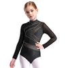 Girls Figure Skating Leotard Sparkling Rhinestones Sheer Mesh Long Sleeves Cutout Back Design Gymnastics Competition Costume