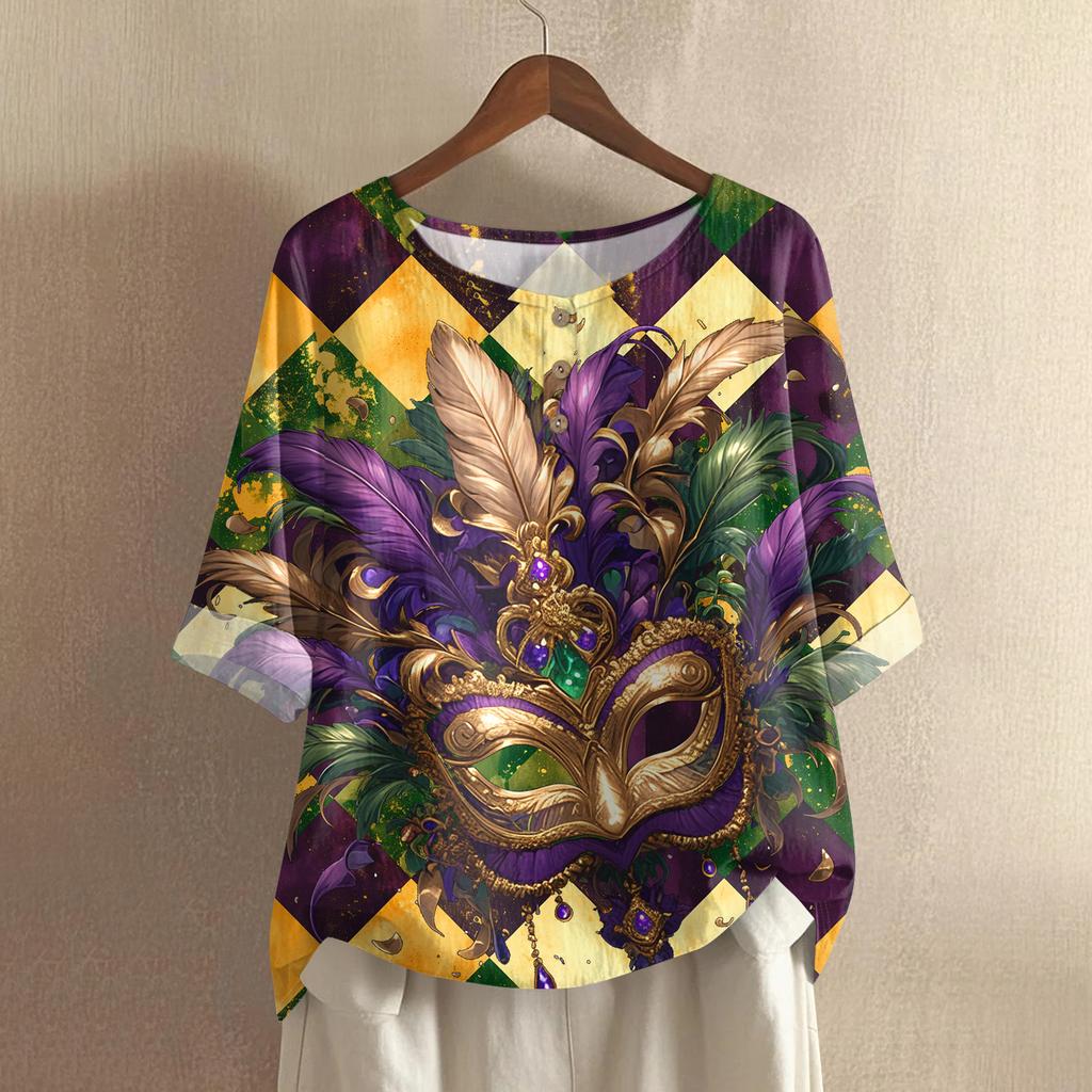 Women's Fashionable And Casual Shirt Half Sleeve Round Neck Print Cotton And Linen Blouse Top