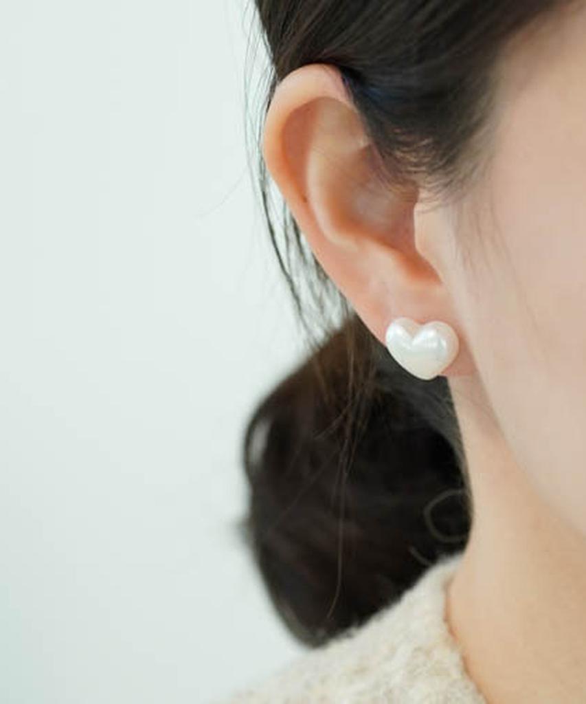 Alleun Silver 925 Glossy Heart Earrings Pearl Mini Bold