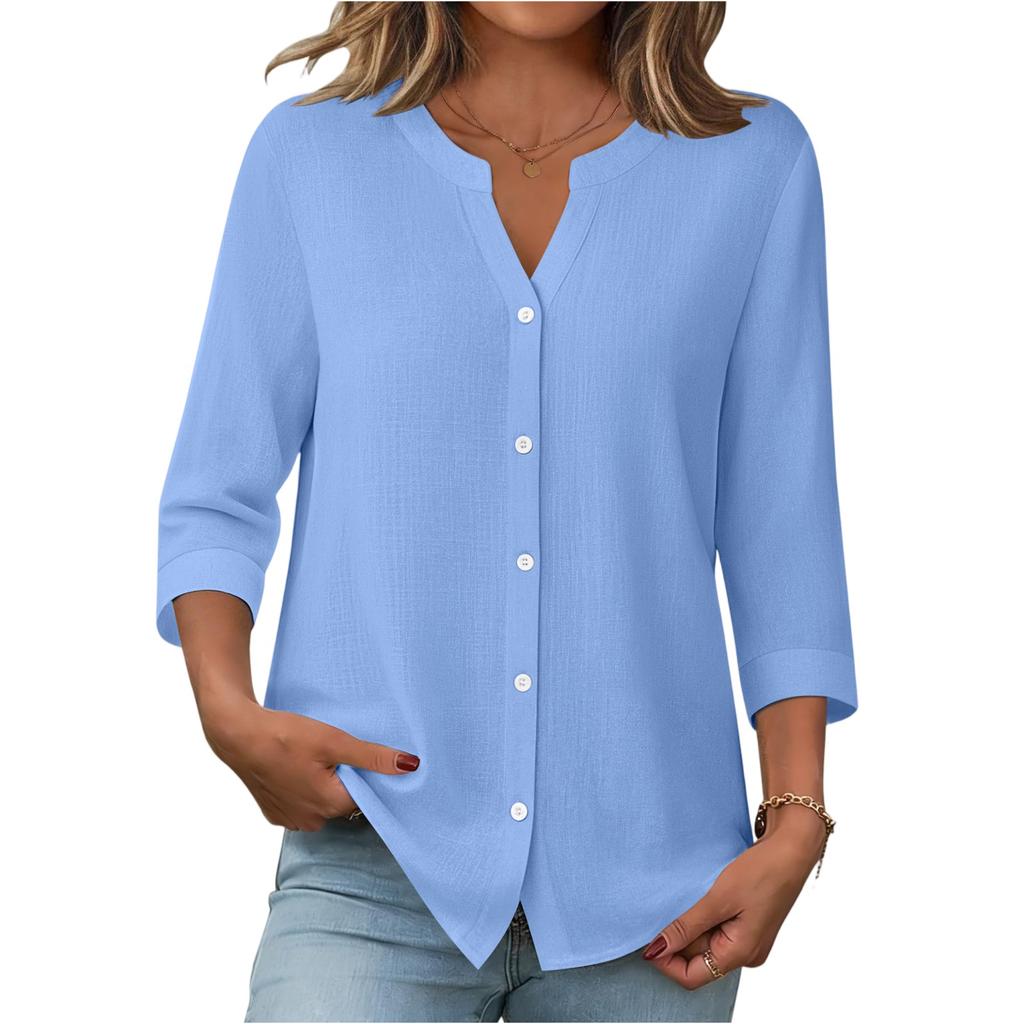 Womens V Neck Button Down Blouse Three Quarter Sleeve Loose Fit Casual Top for Daily Office Wear