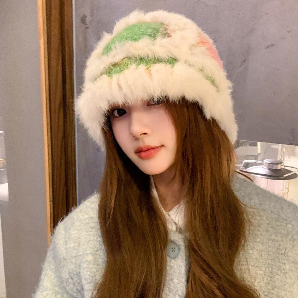 Faux Rabbit Fur Earflap Bucket Hat Fluffy Winter Windproof Hat Warm Fisherman Knitted Hat Girls