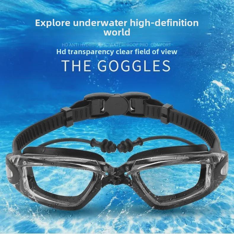 Herren Kurzsichtigkeit Schwimmbrillen Set mit Kappe & Ohrstöpseln: Transparent, HD, Wasserdicht, Beschlagfrei