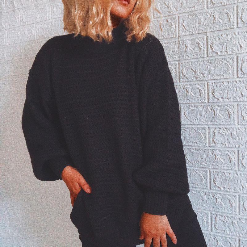 

Осінньо-зимовий новий європейський та американський повсякденний вільний трикотажний пуловер з напіввисоким горлом та довгими рукавами для жінок 3511 3XL чорний