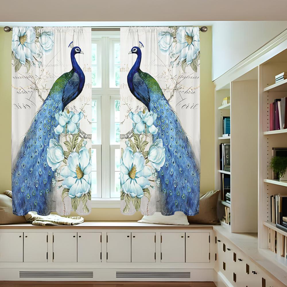2Pcs Elegant Peacock Curtains Blue White Floral Pattern Living Room Bedroom Dining Room Sunshade Vintage Art Style Decor Curtain