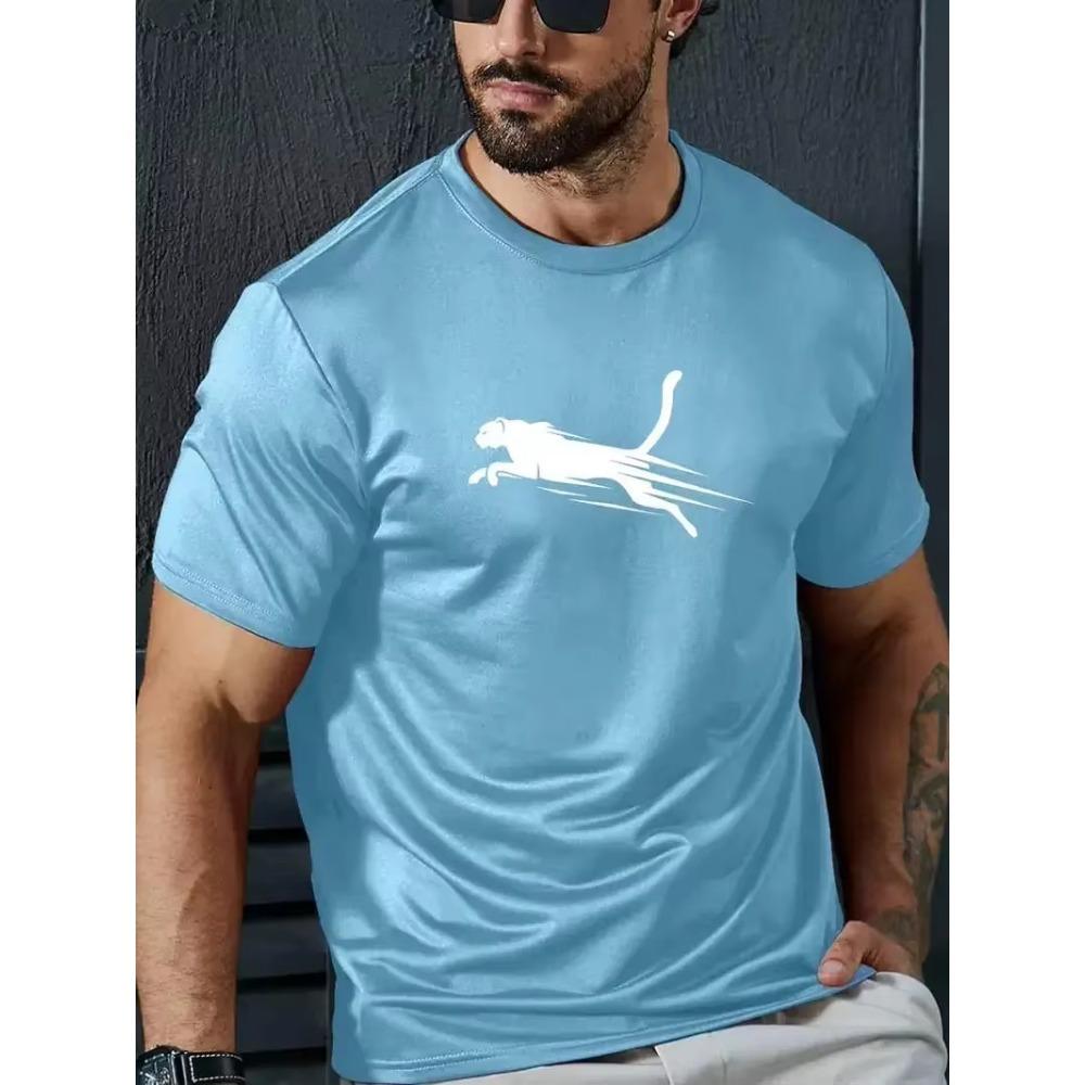 Modny T-shirt męski z wygodnej bawełny w panterkę, T-shirt ze wzorem do noszenia latem, Odzież męska