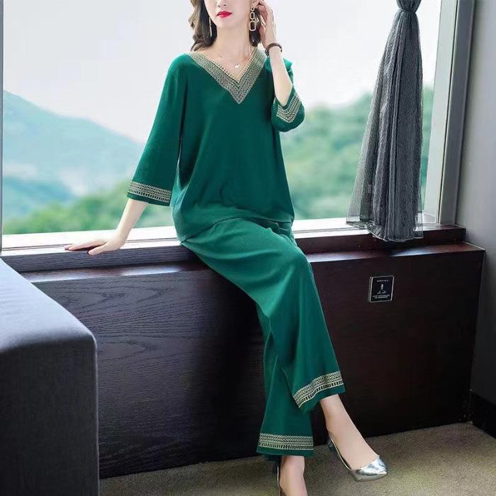 Sports Street Summer Plus Size Middle-aged Loose Wide-leg Pants Fashion Casual Two-piece Women's Suit