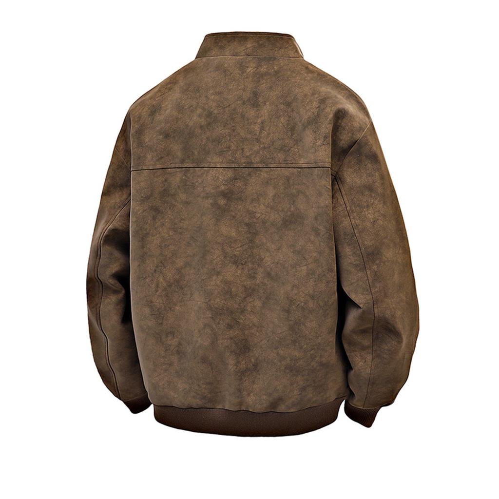 Herren Unifarbene Reißverschluss PU-Leder Stehkragen Jacke Freizeit Sport Motorradjacke