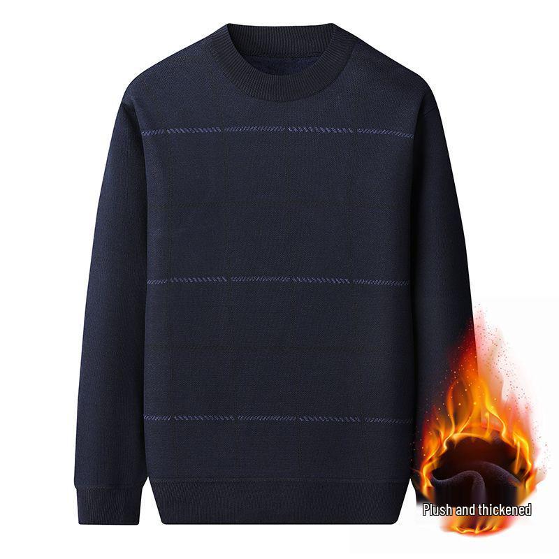

Men s Winter Fleece-Lined Plaid Sweater - Warm Knit Base Layer for Middle-Aged & Elderly Men M for 80-100 jin