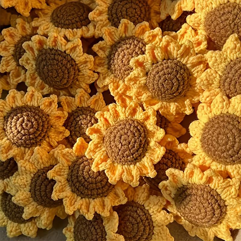 10pcs Handmade Crochet Sunflower Decorations,Yellow Floral Charm with Brown Center–Suitable for DIY Crafts,Keychains&Accessories