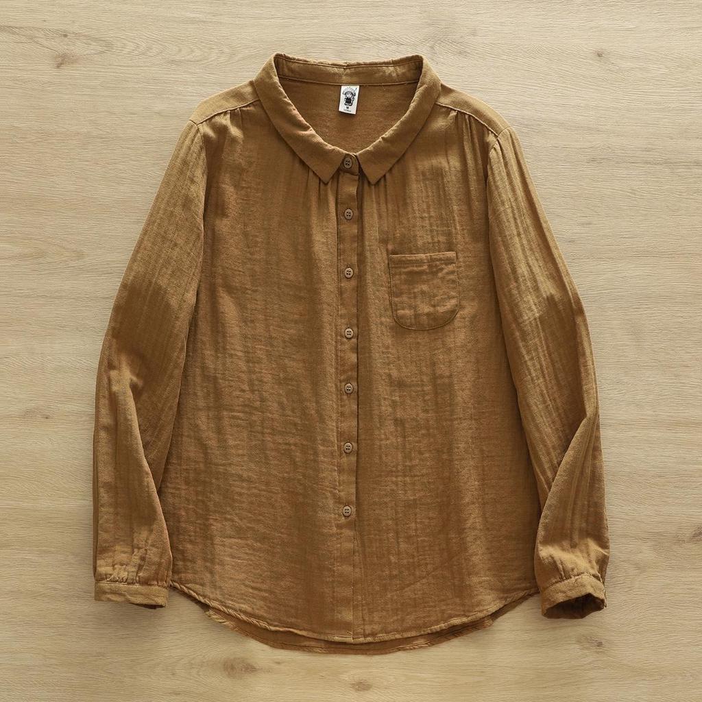 Pure Cotton Women's Lapel Pleated Blouse - Solid Color, Long Sleeve, Double Layer Yarn, Spring/Autumn.