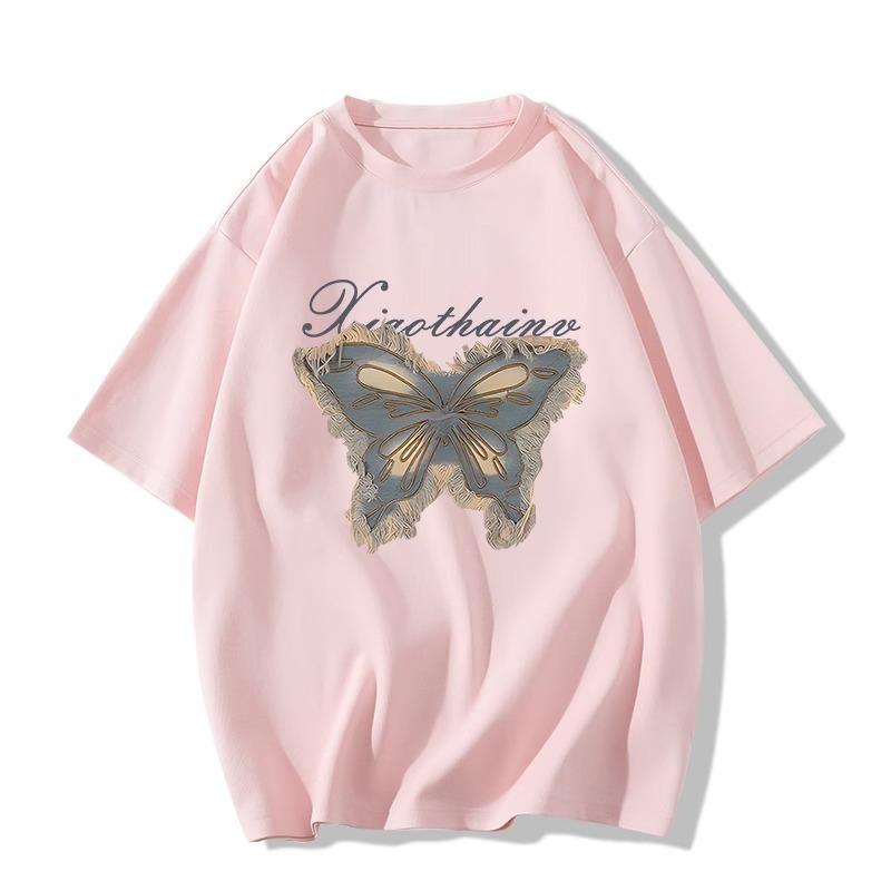 grey cotton short-sleeved t-shirt women's summer new small butterfly print ins design sense niche loose top