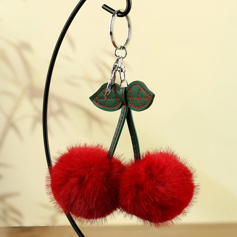 

1 Piece Cherry Key Chain Handbag Pendant Cute Fluffy Rex Rabbit Fur Ball Pompom Leaf Keychain Car Key Decoration красный