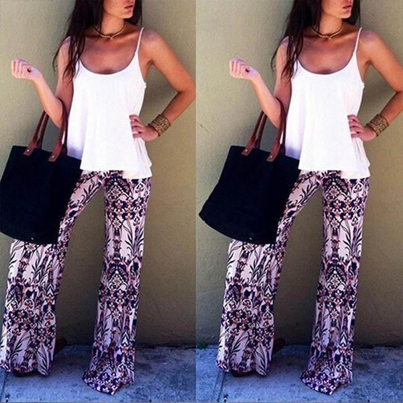 Women Bohemia Long Pants Floral Print Straight Casual Loose Trousers With Micro Fiber Material