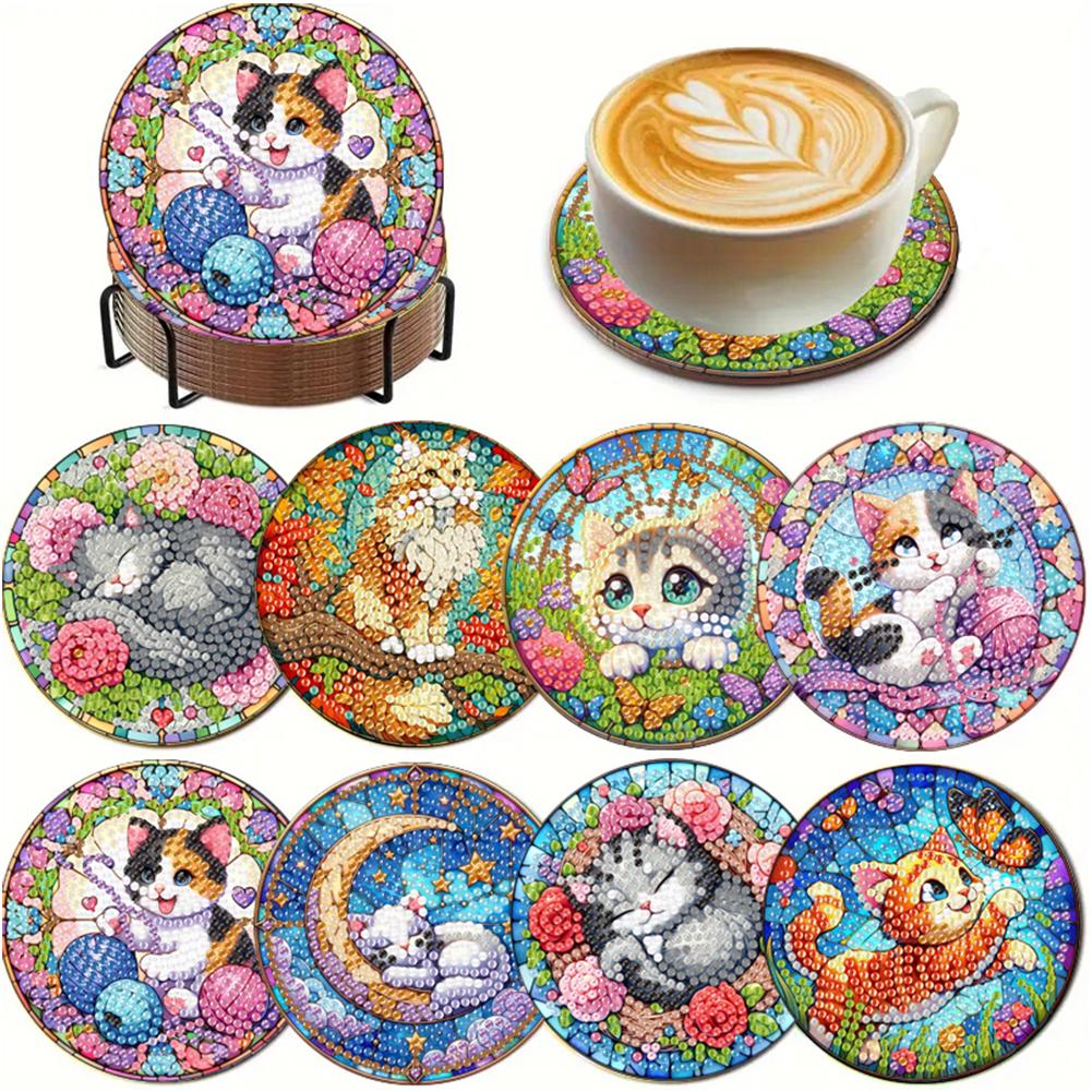 8Pcs Wooden Summer 5D Diamond Painting Kits DIY Coaster Diamond Dot Kits Round Diamond Art Coasters for Adults Beginners