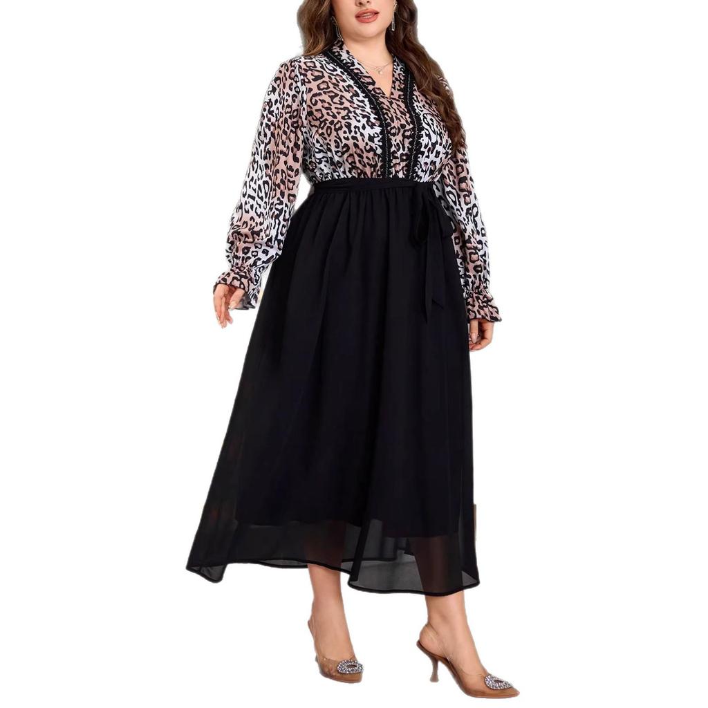 Autumn Leopard Print Plus Size Women's Dress - Retro, Flattering & Fashionable Design