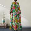 Big Size Women's Printed Cotton Linen Long Dress Female Spring and Summer Loose Literary Temperament Thin Round Neck Retro Long-sleeved Dresses