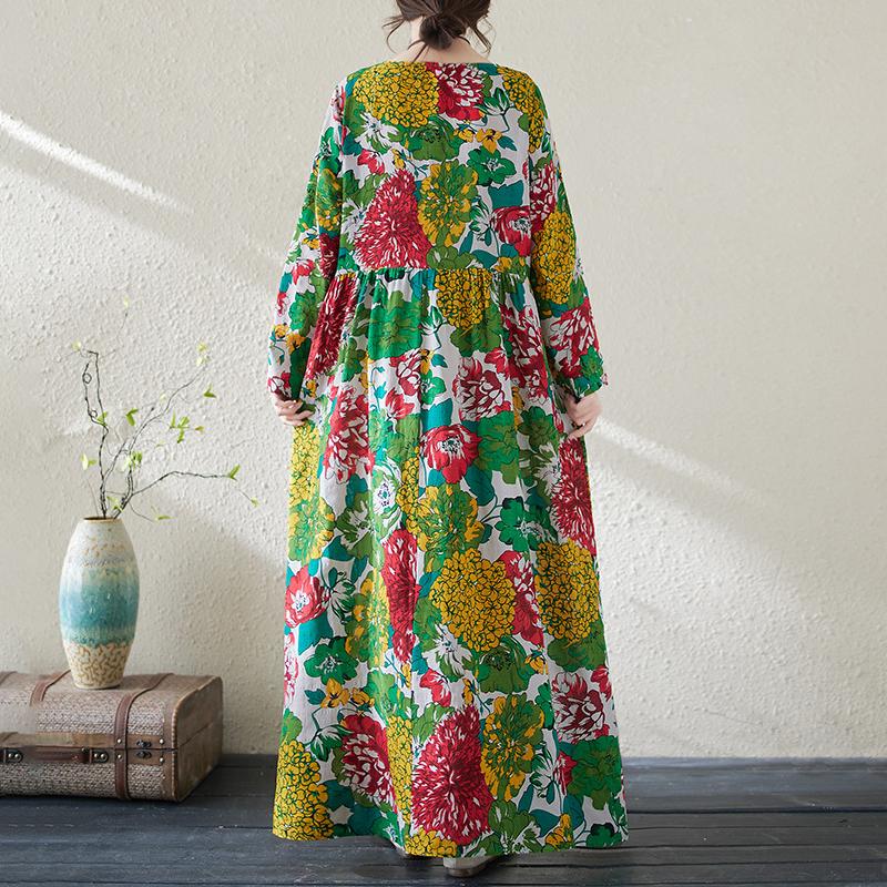 Big Size Women's Printed Cotton Linen Long Dress Female Spring and Summer Loose Literary Temperament Thin Round Neck Retro Long-sleeved Dresses