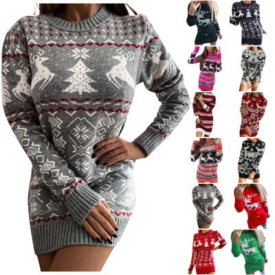 Women's Fashion Christmas Knit Print Long Sleeve Round Neck Sweater Dress