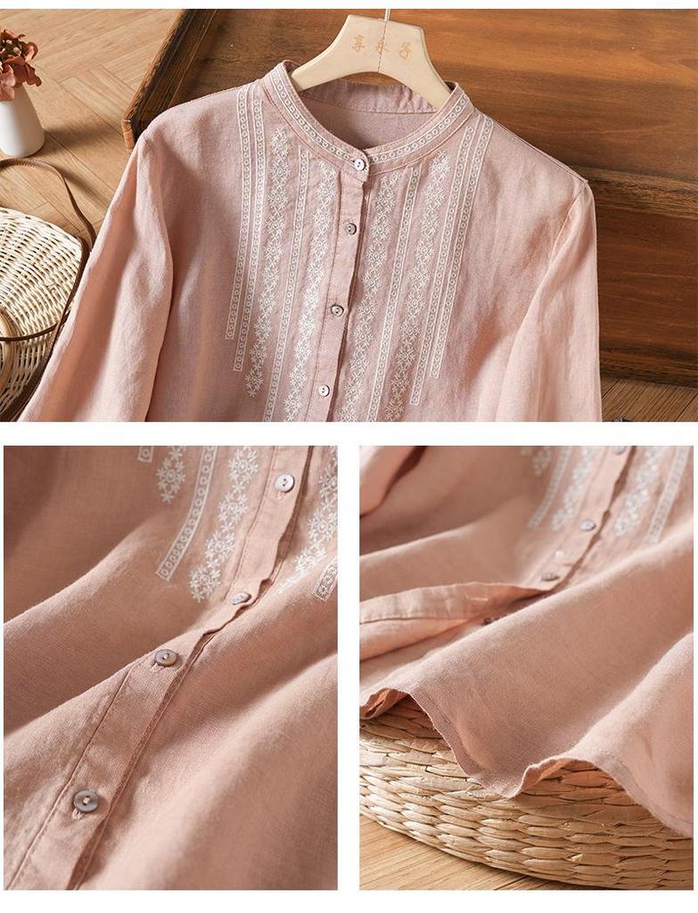 2026 Spring/Autumn Women's Retro Embroidered Cotton Linen Long-Sleeve Shirt