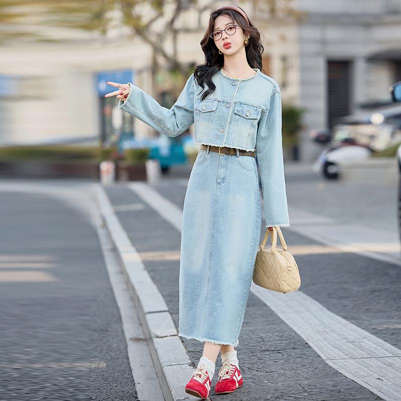 Retro Denim Jacket & Long Dress Two-Piece Set - Spring/Autumn 2025 Women's Fashion Y2502