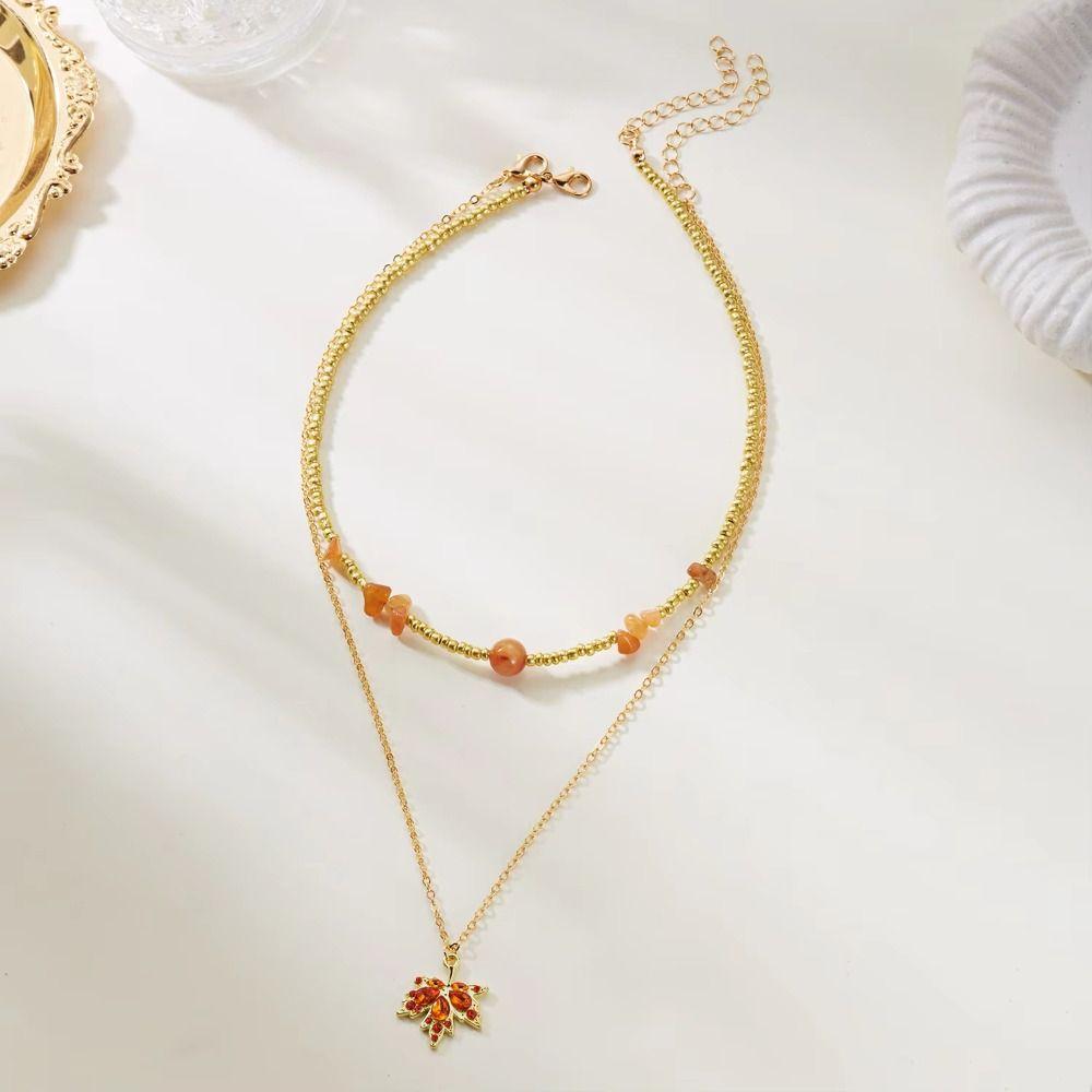 Irregular Rhinestone Necklace Alloy Pendant Necklace Fashion Maple Leaf Necklace  For Women