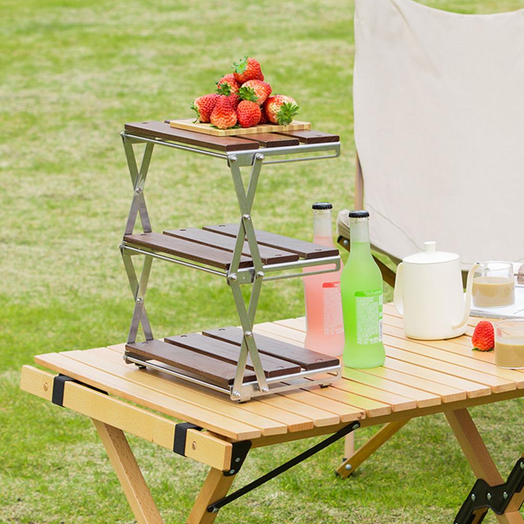3 Tier Wood Shelving Strong Load Bearing Fine Polishing Metal Beech Wood Folding 3 Tier Shelves for Camping Chrome