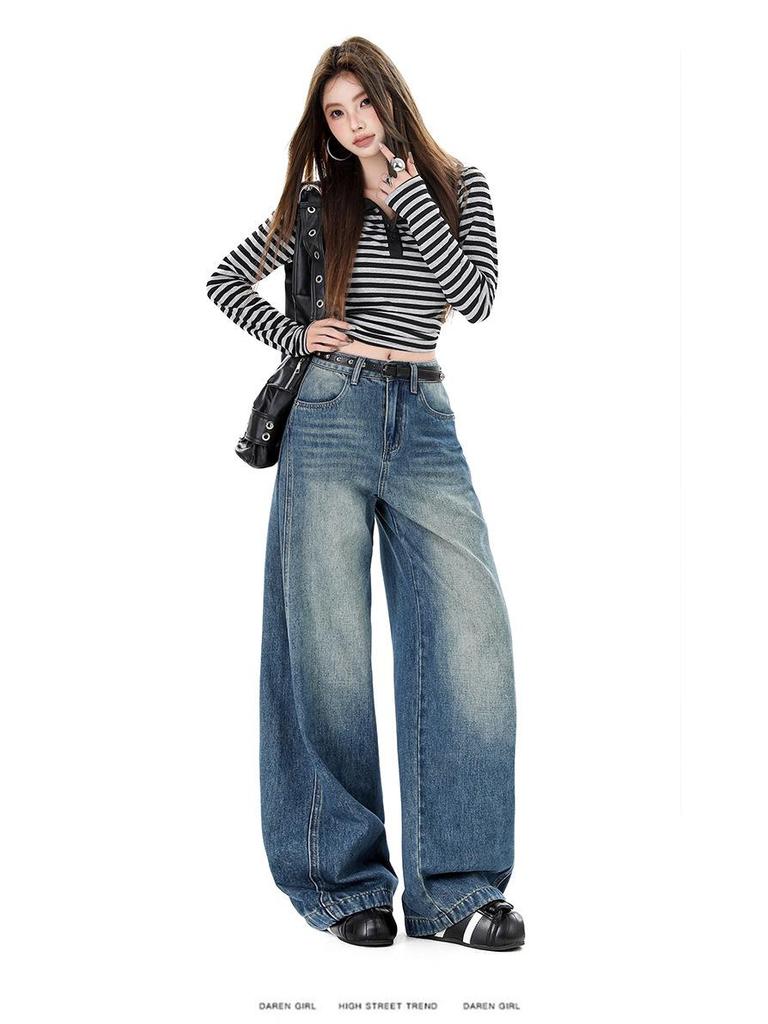 Retro High Street Women's Wide Leg Jeans - High Waist, Slimming, Loose Fit, Floor Length for Spring/Autumn