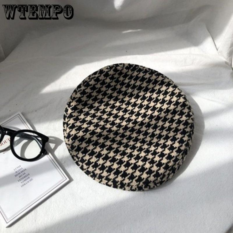 

Осенне-зимние береты с узором «гусиные лапки» для женщин, повседневные британские шляпы с плоским цилиндром, элегантные шерстяные без карнизов, шляпы художника белый/коричневый