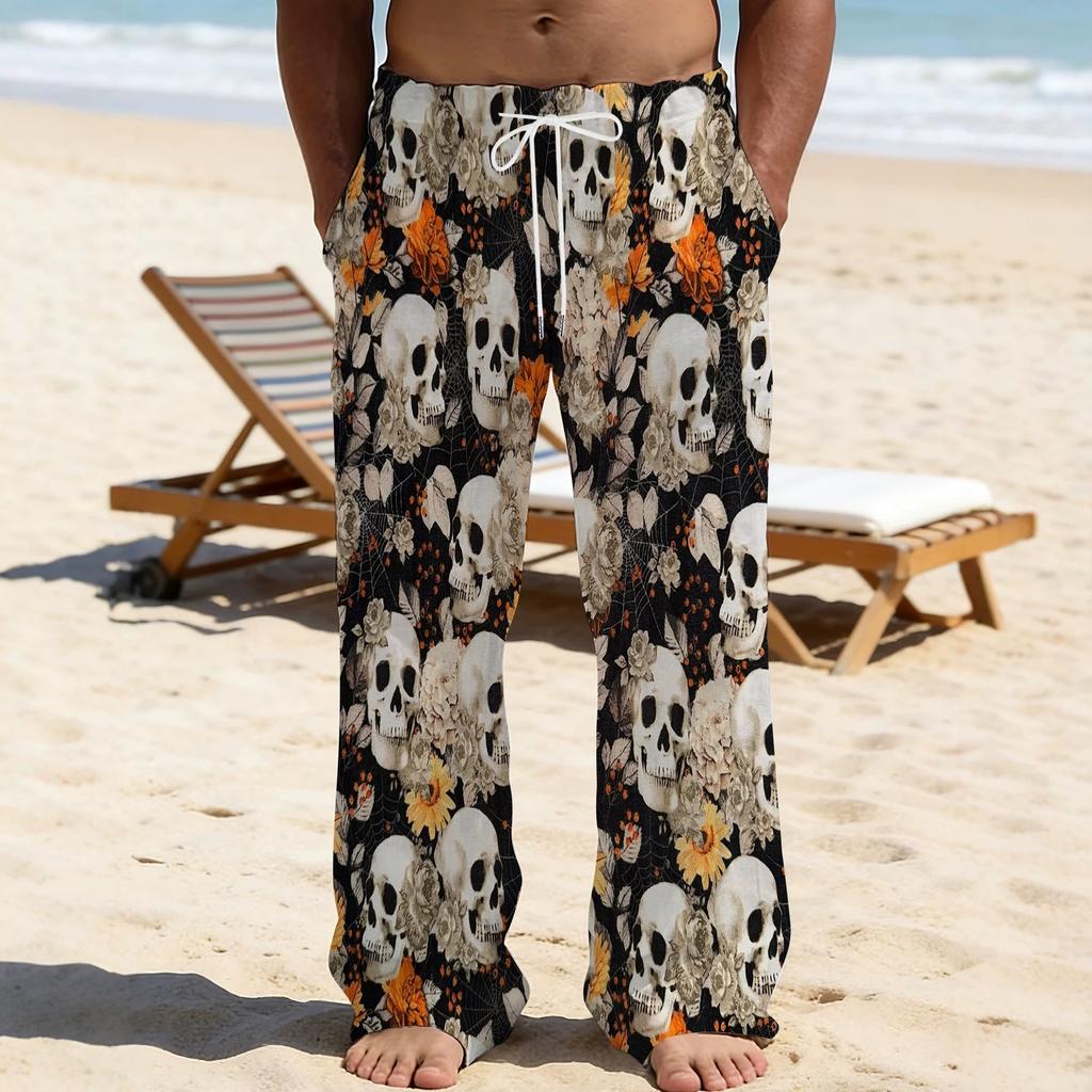 Casual men's printed loose straight trousers vacation beach pants men's European and American breathable