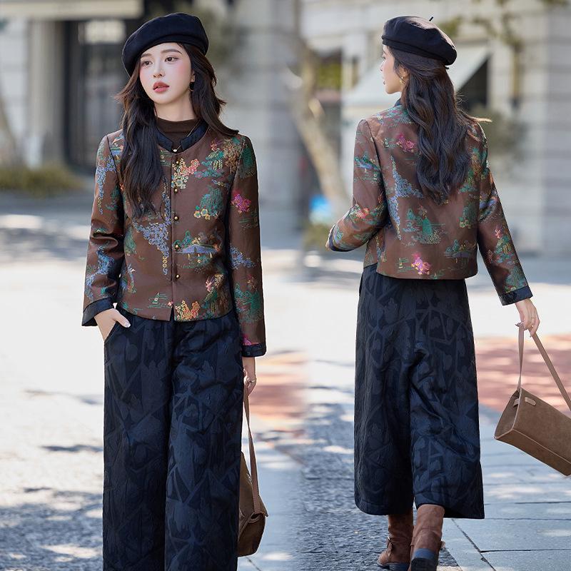 Women's New Chinese Style Jacquard Down Jacket & Wide-Leg Pants Set