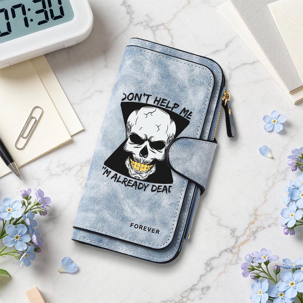 Gothic Skull Print Long Wallet Multi Card Slot Zipper Purse for Daily Use