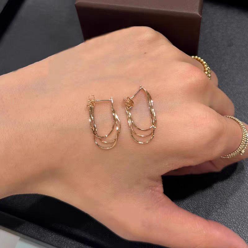 

S925 Sterling Silver Gold-Plated Japan fashion Three-Ring Ultra-Fine Tassel Earrings Women Light Luxury Niche Design High-Grade Ear Studs A Pair of Triple Ring Very Fine Tassel Earrings