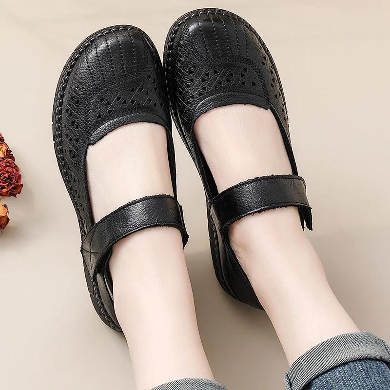 Fashion Comfort Soft Cowhide Women's Shoes Spring Thick Soled Sandals Women's Genuine Leather Mother's Shoes Retro Hollow Single Shoes