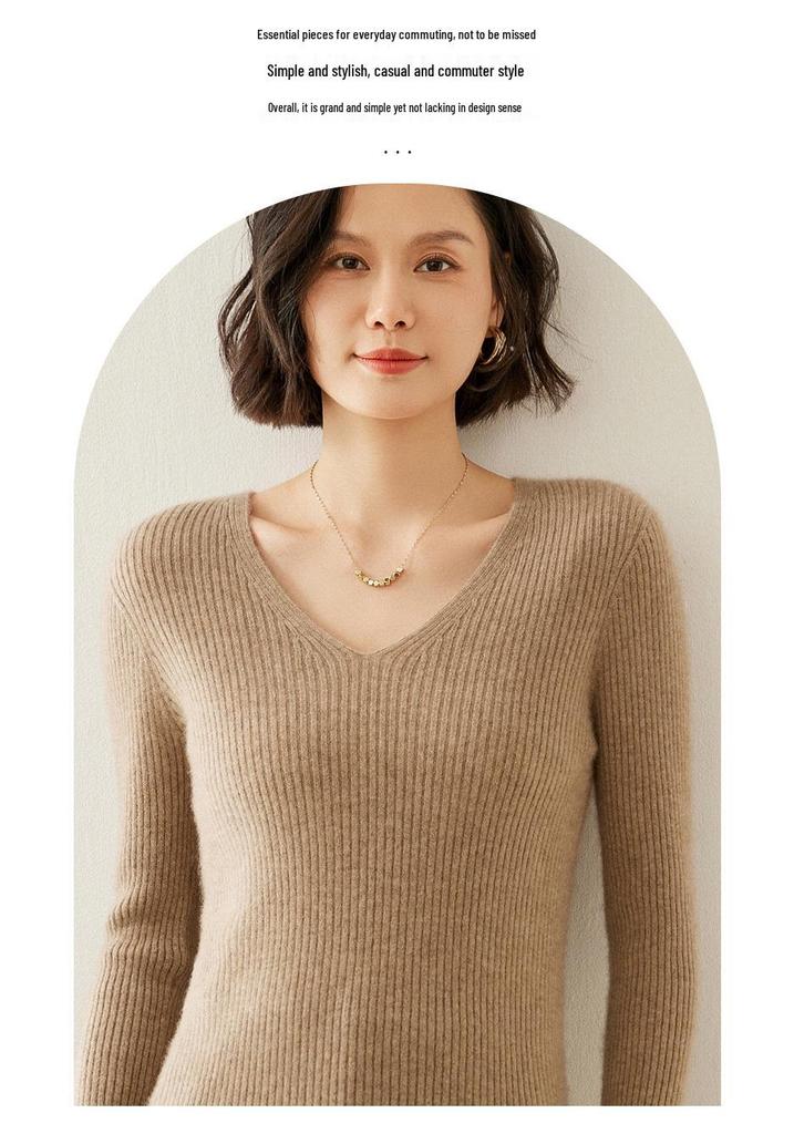 Women's V-Neck Striped Cashmere Knit Sweater - Slim-Fit Autumn/Winter Pullover