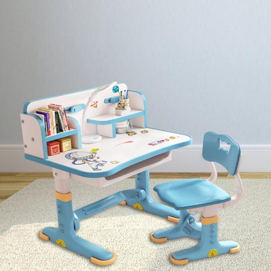 Widened Desktop Multi Separation Cartoon Pattern Desk Chair Set Kids Adjustable Height Study Table with Drawer Chair Set