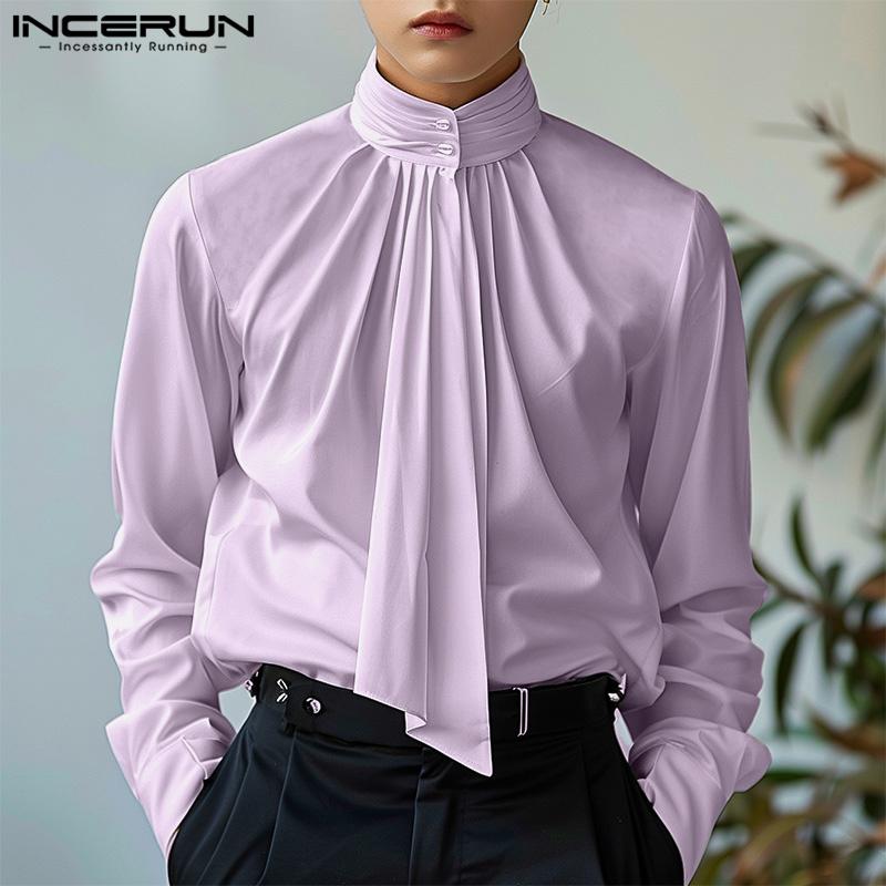 INCERUN Ανδρικά πουκάμισα με ψηλό λαιμό με βολάν, μακρύ μανίκι