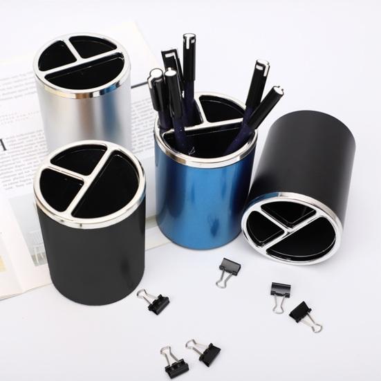 Xiaobudian Pen Holder, Cylindrical Design Pencil Holder with Silver Edge Decoration, 3-Compartment Desktop Organizer for Pens Paper Clips Makeup
