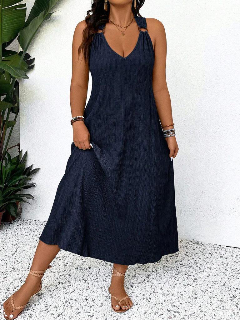 Damen Halterneck Plissee Midi Kleid Übergröße - Sommerlich Lässig Strandmode