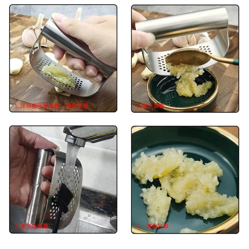 Celokruhový lis na česnek z nerezové oceli 304 Ruční zakřivený drtič česneku Mletí česnekové pyré Kuchyňský nástroj s otvírákem na láhve