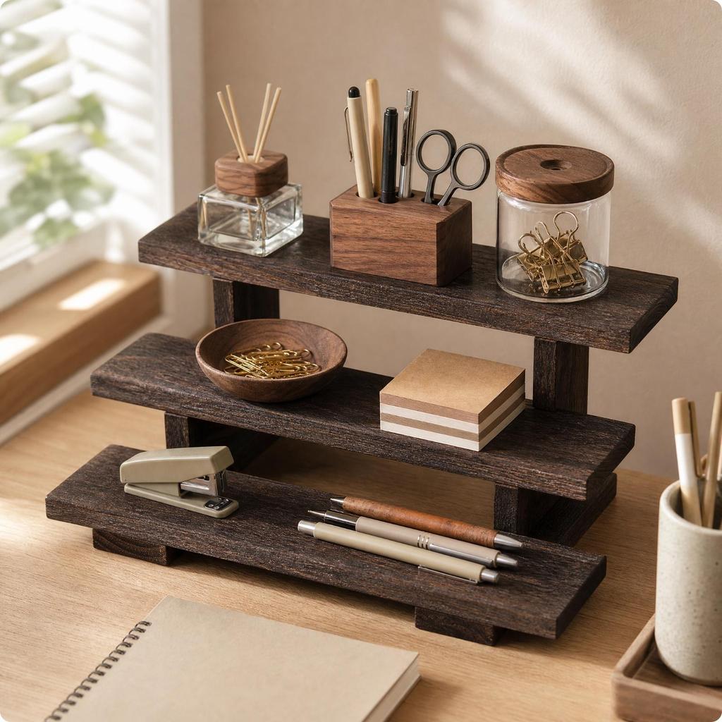 Freestanding Tiered Shelf with Three Shelves Compact for Tea Corner, Entryway