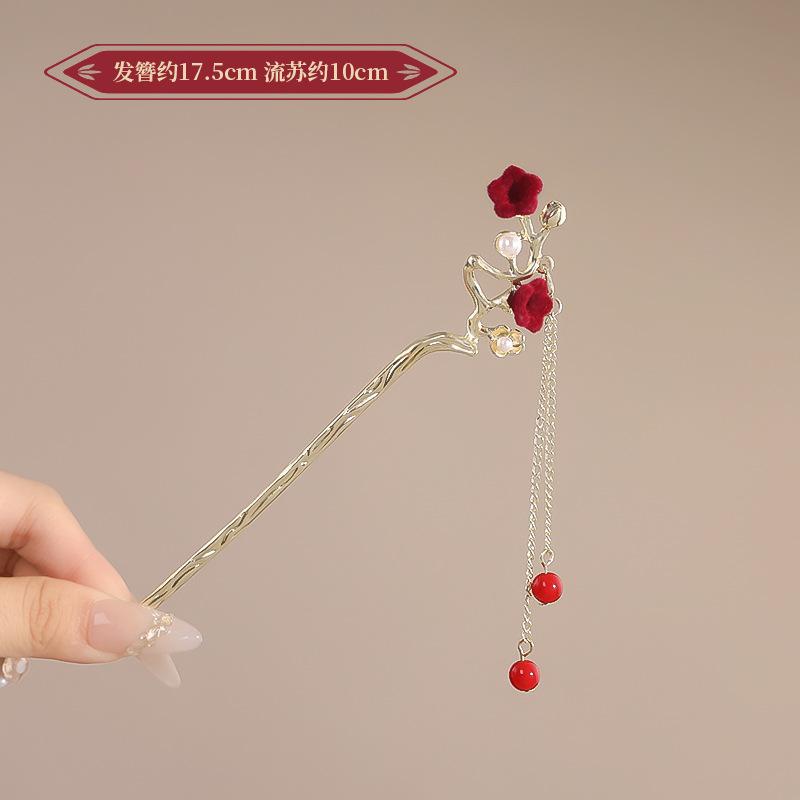 Vintage Chinese Style Rose Hairpin For Women Red Flower Element Tassel Hair Stick Elegant Exquisite Handmade Hair Accessories