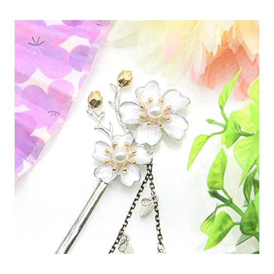Miaomyao Hairpin Kanzashi Single Prong Hair Stick for Japanese Kimono, Metal Antique Cubic Zirconia, Couple Double Flower, Cherry Blossom, Petals,
