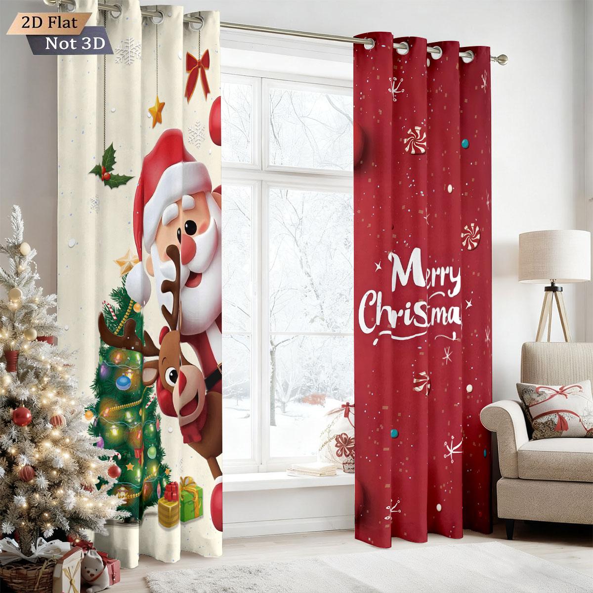 

Set Of 2 Cartoon Santa Claus Print Perforated Curtains Various Sizes Living Room Bedroom Insulation Holiday Decoration Light Blocking Made Polyester W100*H70(CM)-Grommet top&2PCS
