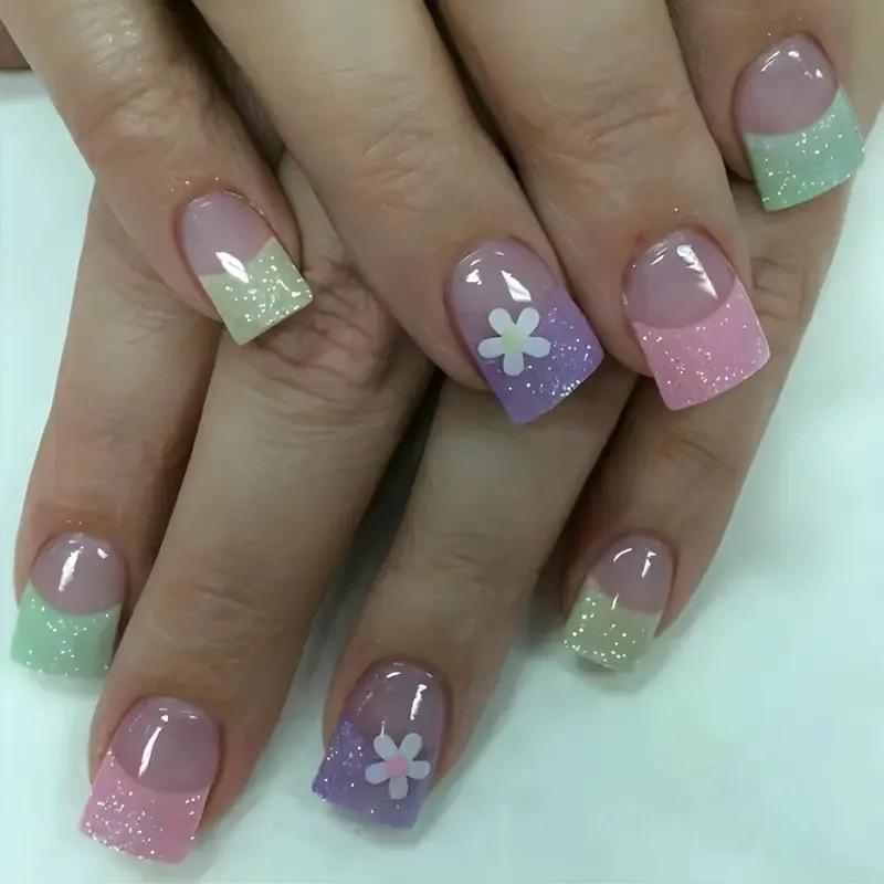 Short Shiny Square Spring-Summer Nail Art: 24 Macaron Color French Flower Wearable Nails
