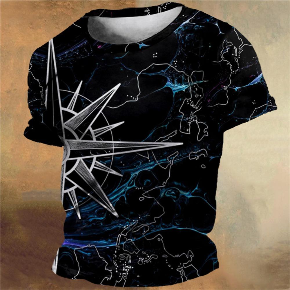 Pánské tričko s námořním vzorem, vintage kompas, 3D tištěná trička, letní ležérní kulatý výstřih, krátký rukáv, volná trička